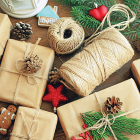 christmas presents wrapped in brown paper